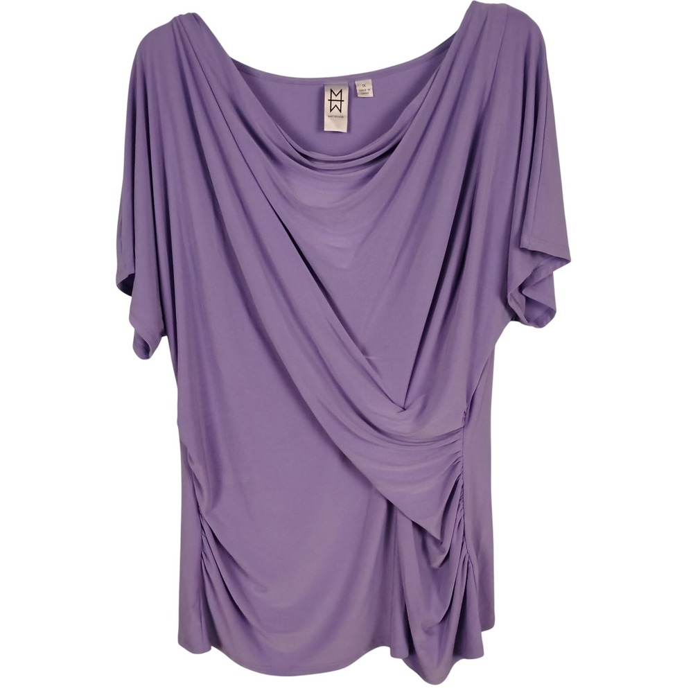 Marc Bouwer Womens 1X Draped Cowl Neck Top Purple Ruched Stretch Elegant Chic